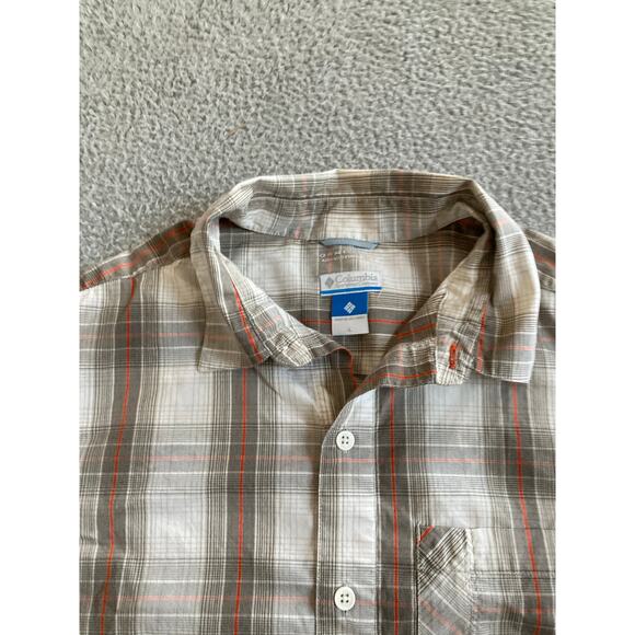 Columbia Button Shirt Large Plaid Short Sleeve Omni Wick Brown White Performance - Picture 2 of 12